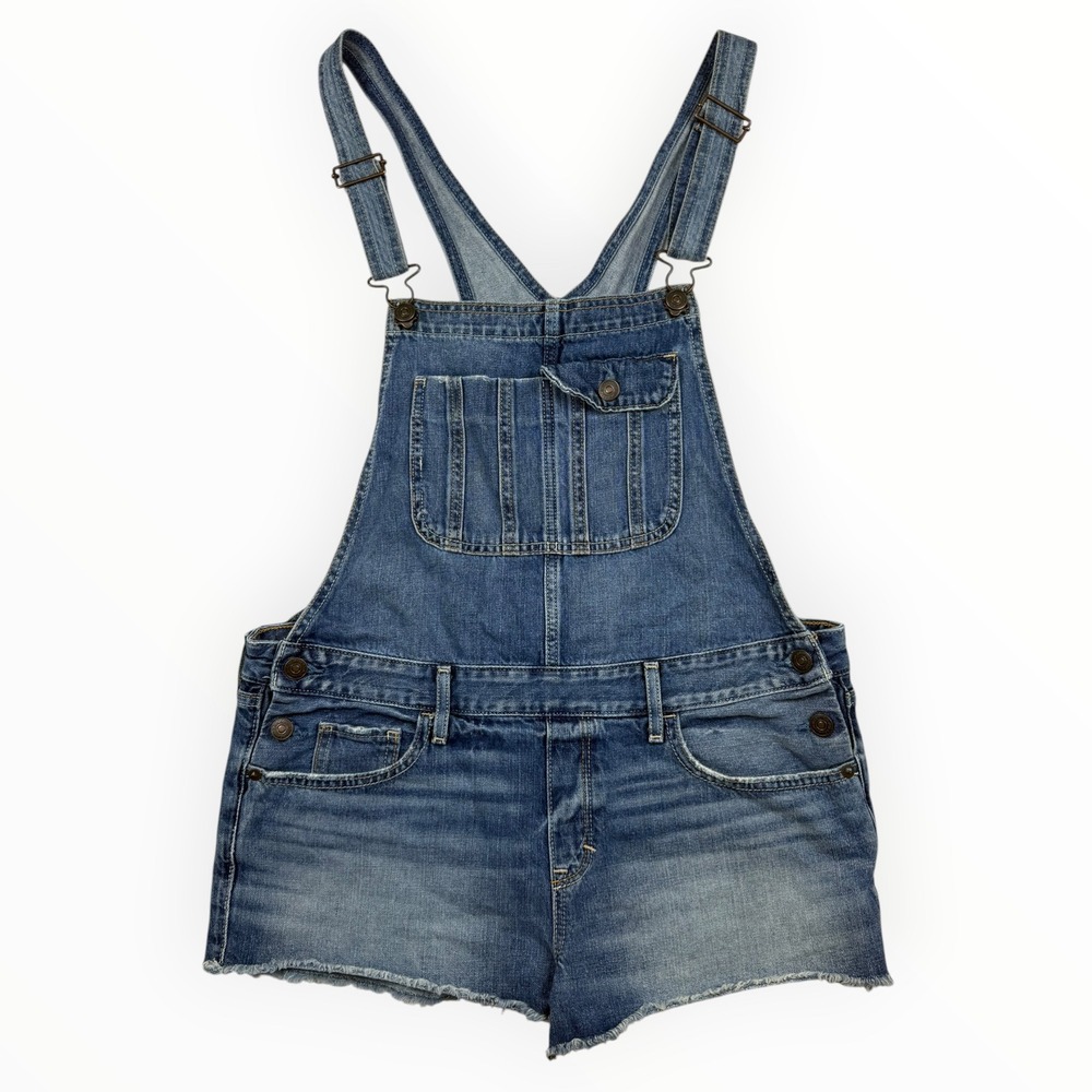Abercrombie & Fitch Denim Short Overalls Medium Wash Raw Hem Blue Women Large